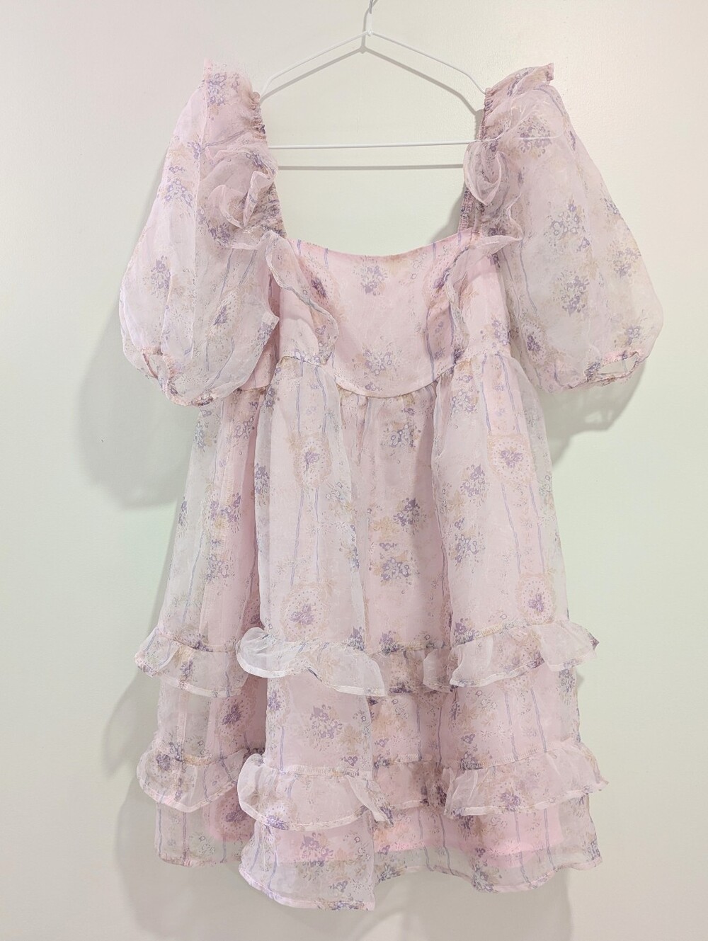 STORIA Floral Tiered Puff Sleeve Shimmer Mini Dress